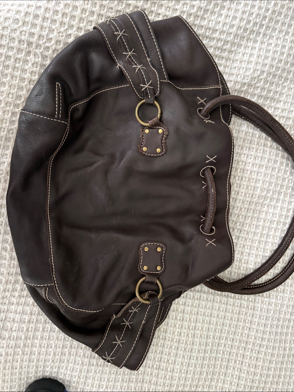 Women's Brown Leather Shoulder Bag with Contrast Stitching by Mimi